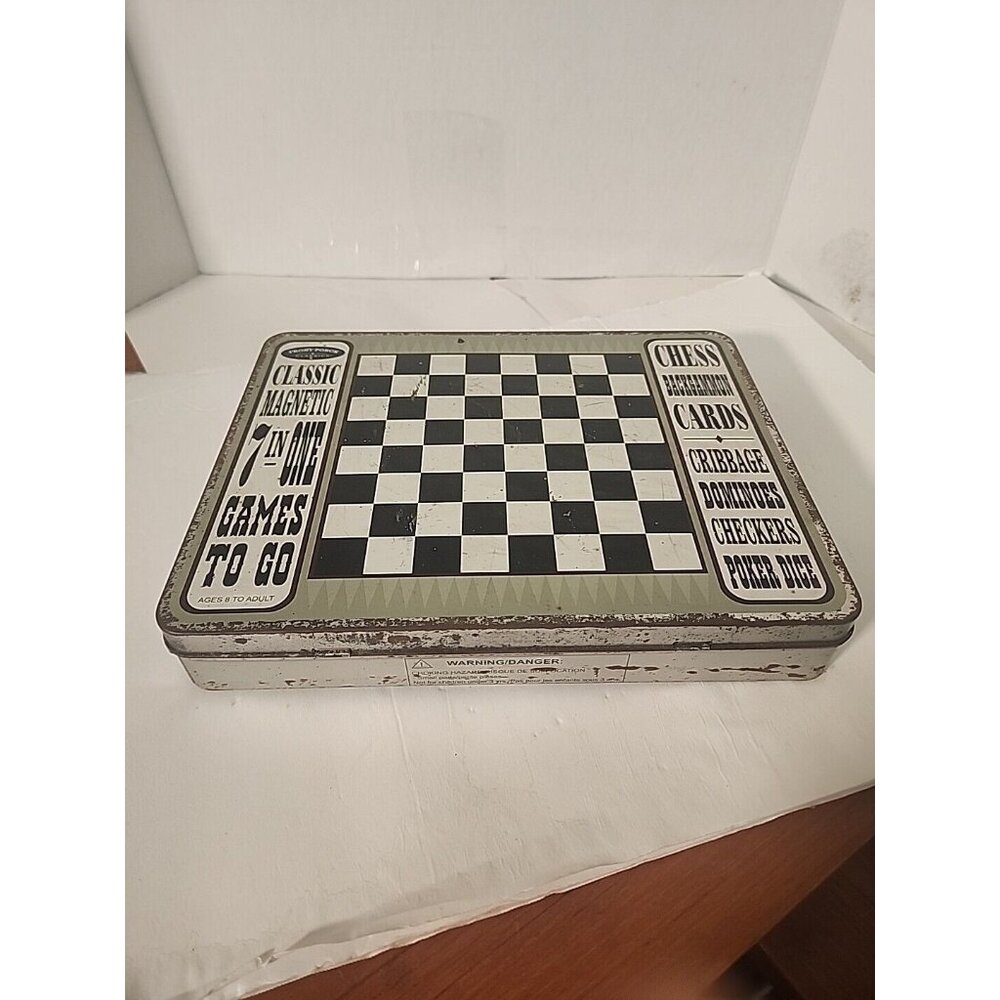 Front Porch Classics 7 N 1 Games To Go in Tin Carry Case Chess  Dominoes No Card